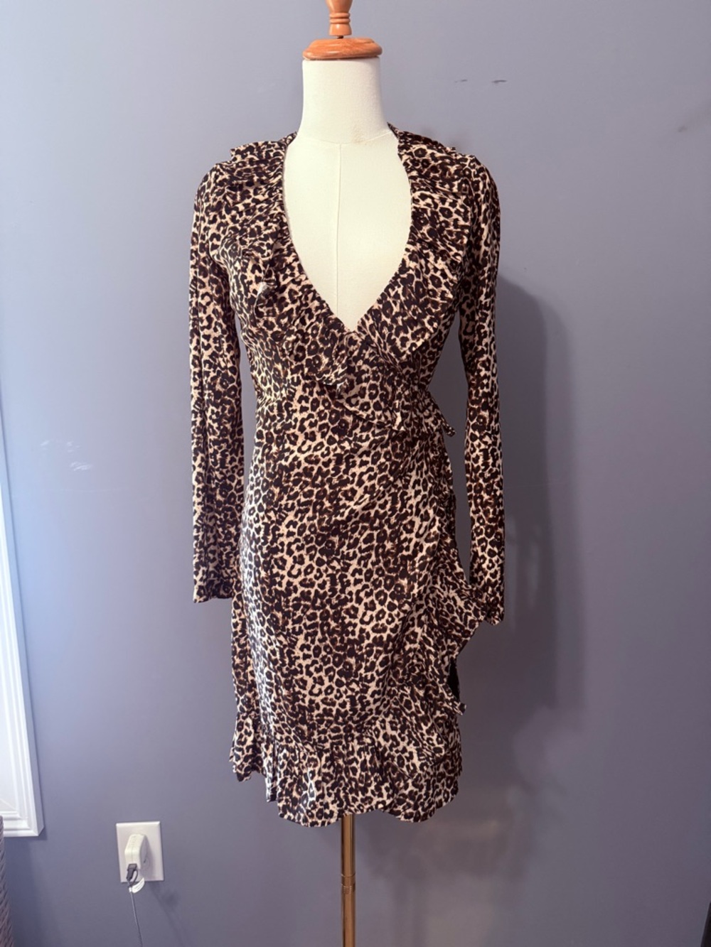 NWT Lioness Leopard-Print Long Sleeve Wrap Dress - Small